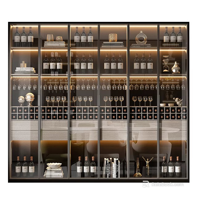 Luxurious Wine Cabinet With Multiple Wine Bottles Glassware Shelves And Decorative Elements 3d model