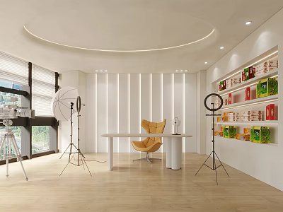 Modern Photography Studio Interior With Camera Lighting Chair And Shelves 3d model