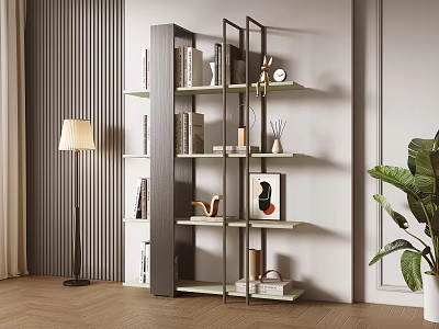 Modern Interior With Layered Shelf Unit Books Decor Items Floor Lamp And Green Plant 3d model