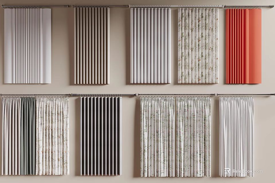 Various Curtain Designs Featuring Striped Floral And Solid Color Patterns 3d model 