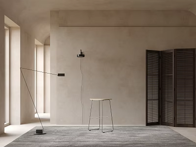 Minimalist Metal Frame Bar Stool In Beige Wall Room With Floor Lamp And Gray Carpet 3d model