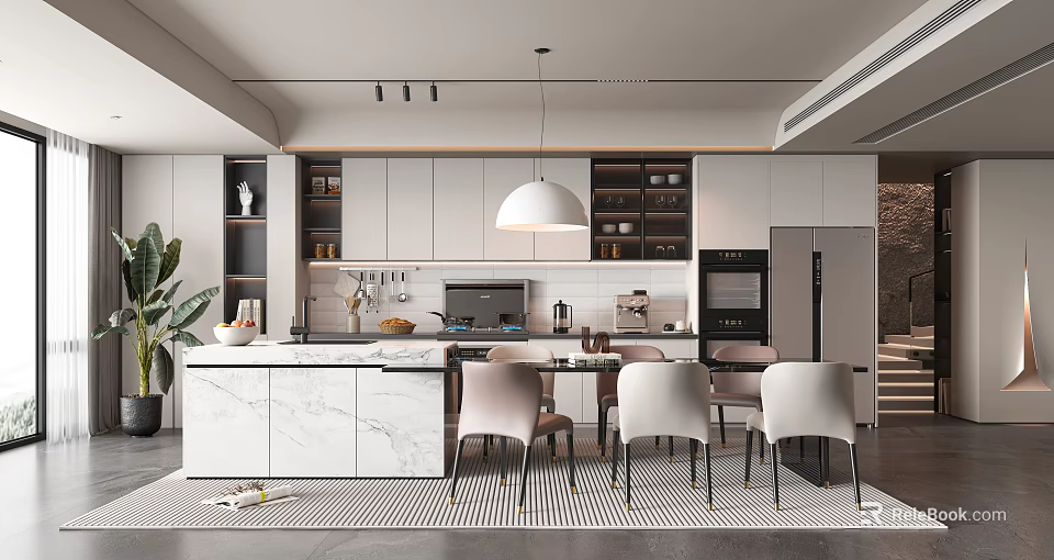 Elegant Modern Open Dining Area With Marble Island Pendant Light And Dining Chairs 3d model 