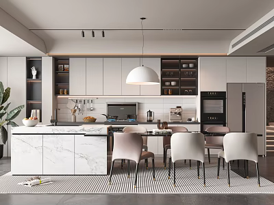 Elegant Modern Open Dining Area With Marble Island Pendant Light And Dining Chairs 3d model