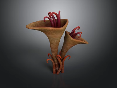 Unique Tropical Plants with Trumpet Shaped Brown Bodies and Curved Red Tentacle Like Appendages 3d model