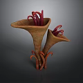 Unique Tropical Plants with Trumpet Shaped Brown Bodies and Curved Red Tentacle Like Appendages