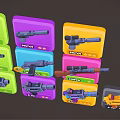 Cartoon Weapon Icons On Colorful Cards With Various Gun Types And Star Ratings