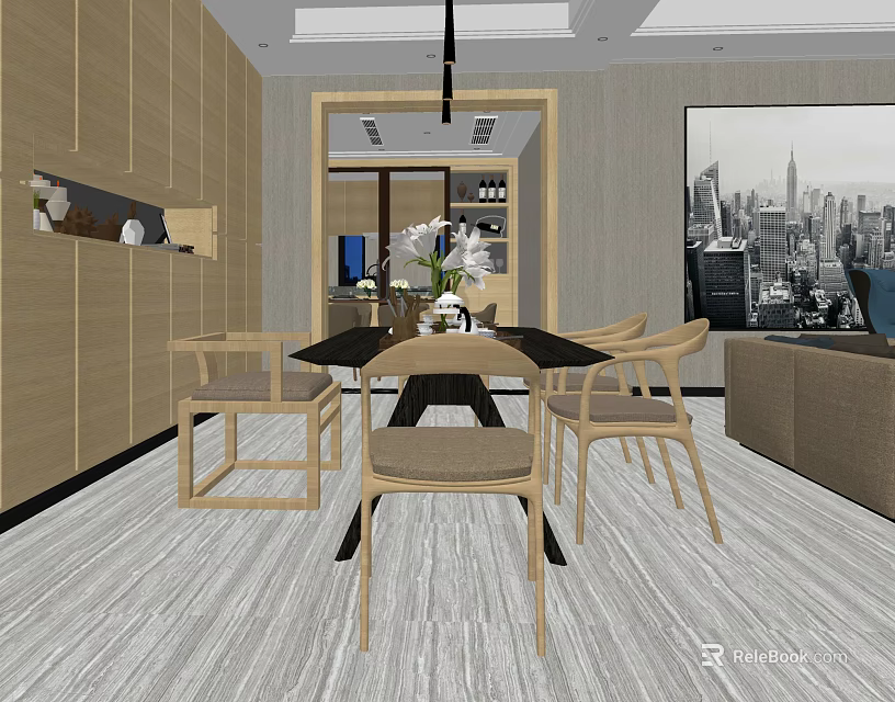 Modern Open Kitchen Restaurant Interior With Dining Table And Wooden Chairs 3d model 