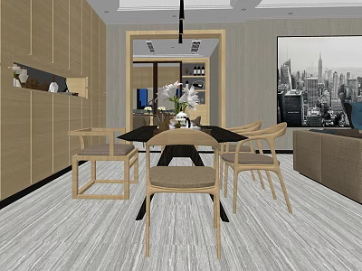 Modern Open Kitchen Restaurant Interior With Dining Table And Wooden Chairs 3d model