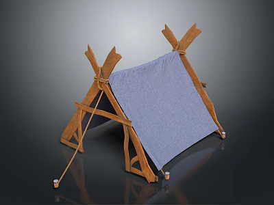 Traditional Wooden Frame Tent With Blue Canvas Cover And Support Ropes 3d model