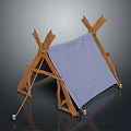 Traditional Wooden Frame Tent With Blue Canvas Cover And Support Ropes