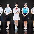 Young women smiling in different color school uniforms standing in a row against black background