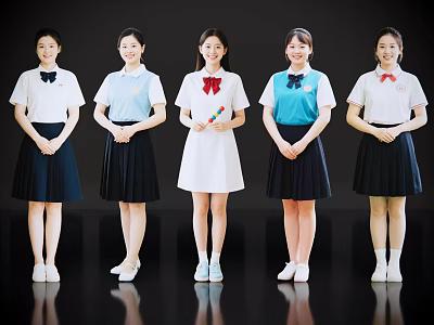 Young women smiling in different color school uniforms standing in a row against black background 3d model