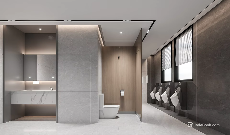 Modern Public Restroom Interior With Gray Walls Wooden Elements Sinks Toilets Urinals And Windows 3d model 