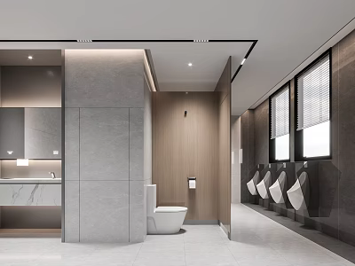 Modern Public Restroom Interior With Gray Walls Wooden Elements Sinks Toilets Urinals And Windows 3d model