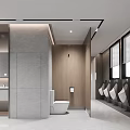 Modern Public Restroom Interior With Gray Walls Wooden Elements Sinks Toilets Urinals And Windows