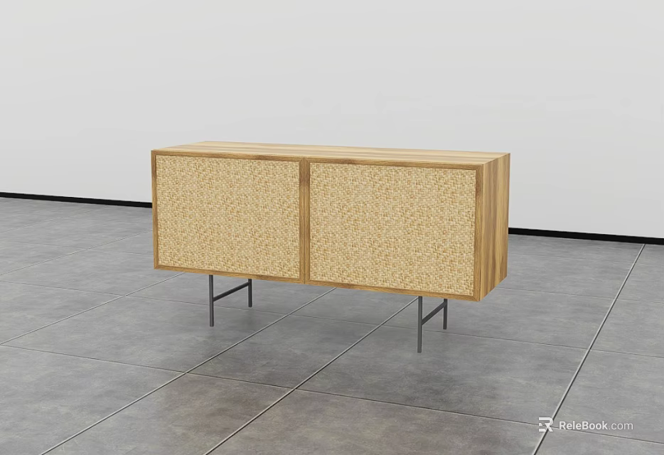Modern Wooden Entryway Console Table With Woven Doors And Metal Legs 3d model 