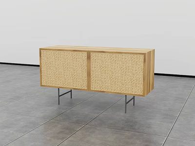 Modern Wooden Entryway Console Table With Woven Doors And Metal Legs 3d model
