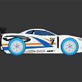 White Toy Race Car With Blue Orange Stripes Black Spoiler And Blue Wheels