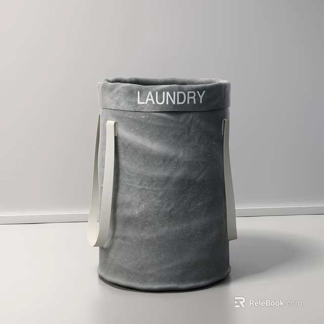 Gray Laundry Basket With White Handles And LAUNDRY Label For Home Storage 3d model 