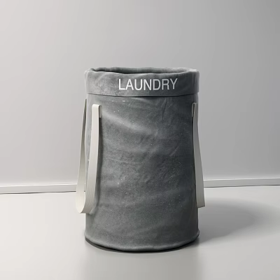 Gray Laundry Basket With White Handles And LAUNDRY Label For Home Storage 3d model