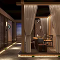 Traditional Chinese Tea House Interior With Wooden Structure Circular Decor Curtains And Tea Table
