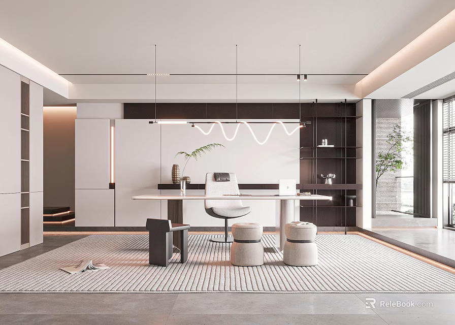 Modern Study Room Interior Design With Wooden Desk Chair And Bookshelf Lighting 3d model 