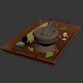 Traditional Home Kitchen Wooden Tray with Mortar Pestle Spices Leaves and Cloth Bag