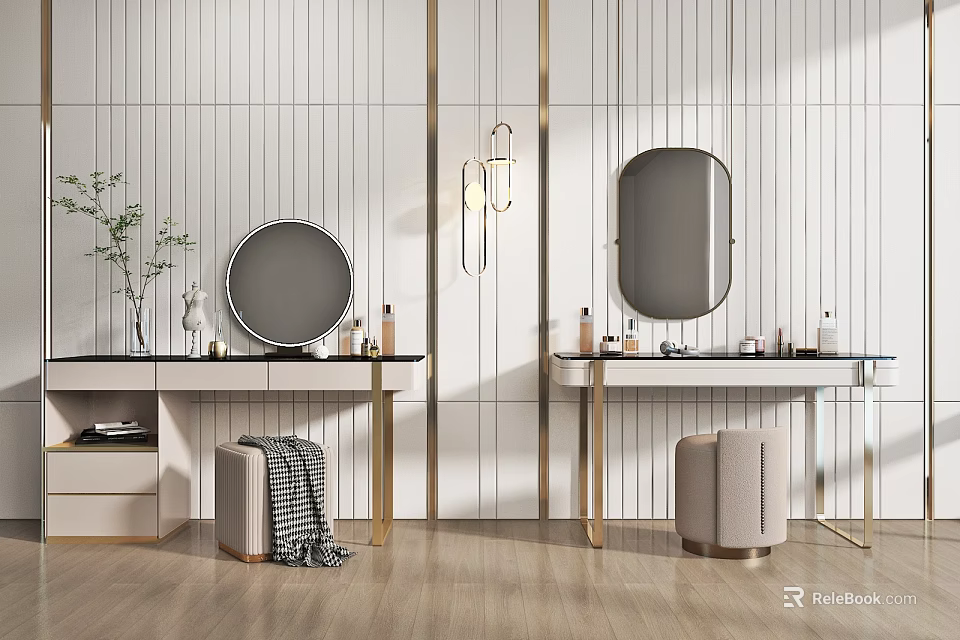 Modern Double Vanity Tables Featuring Oval Round Mirrors Gold Legs Upholstered Stools And Hanging Lights 3d model