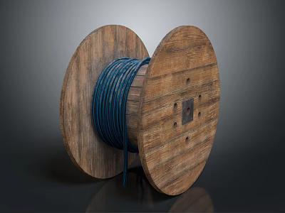 Wooden Cable Reel With Blue Coiled Cable And Rustic Wooden Structure 3d model