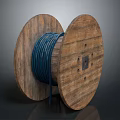 Wooden Cable Reel With Blue Coiled Cable And Rustic Wooden Structure 3d model