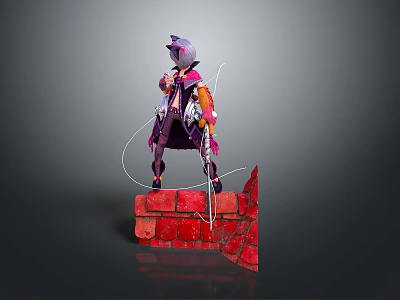 3D Model Woman Standing On Red Brick Structure With Colorful Outfit And Purple Hair 3d model