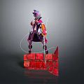 3D Model Woman Standing On Red Brick Structure With Colorful Outfit And Purple Hair