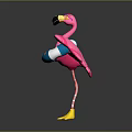 Cartoon Flamingo Character With Pink Wings Blue And White Lifebuoy Yellow Feet And Striped Legs