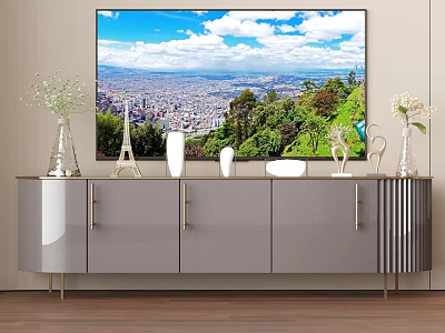 Modern Glossy Gray TV Stand With Large Screen TV Decorative Vases And Ornaments 3d model