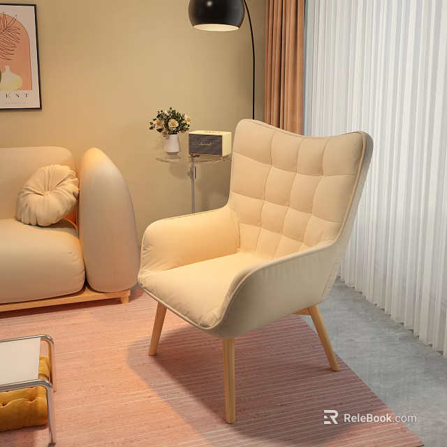 Beige Tufted Upholstered Armchair with Wooden Legs in Cozy Modern Living Room 3d model 