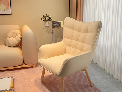 Beige Tufted Upholstered Armchair with Wooden Legs in Cozy Modern Living Room 3d model