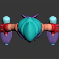 Animated Game Character With Turquoise Hair Shark Mouth Mask Colorful Outfit And Small Purple Sidekicks