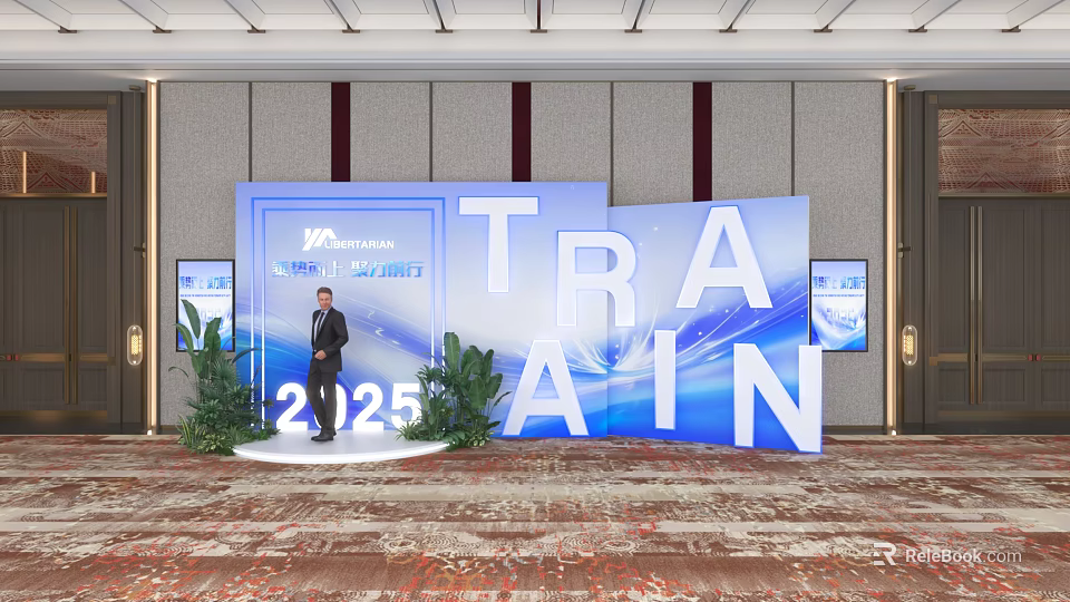 International TRAIN 2025 Photo Check-in Spot With Blue Backdrop And Green Plants 3d model 
