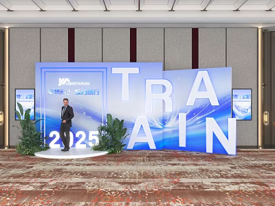 International TRAIN 2025 Photo Check-in Spot With Blue Backdrop And Green Plants 3d model