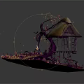 Enchanting Thatched Cottage Scene With Decorative Branches Purple Yellow Grassland And Small Decorations
