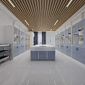 Modern Laboratory Interior With Blue Storage Cabinets Central Bench And Glass Door Cabinets