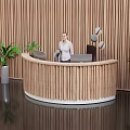 Curved Wooden Reception Desk with Woman Staff Computers Green Plants Wooden Walls and Black Floor