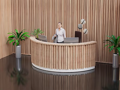 Curved Wooden Reception Desk with Woman Staff Computers Green Plants Wooden Walls and Black Floor 3d model