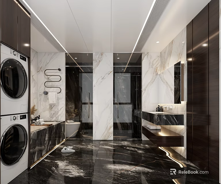 Modern Luxury Marble Bathroom Interior With Dual Sinks And Built In Laundry Space 3d model 