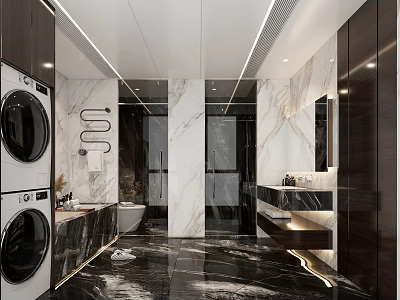 Modern Luxury Marble Bathroom Interior With Dual Sinks And Built In Laundry Space 3d model