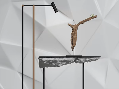 Modern Ornament Decoration Set With Geometric Wall Black Wooden Floor Lamp Tabletop Sculpture And Plant 3d model