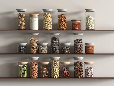 Assorted Foods Stored In Glass Jars On Shelves 3d model