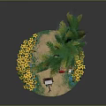 Cartoon Scene of Boy Painting with Easel Near Sunflowers Big Tree and Red Box