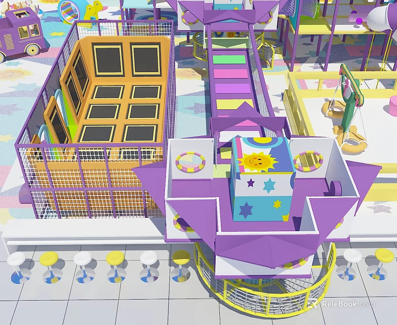 Vibrant Indoor Playground Equipment Featuring Trampoline Slide Climbing Structure And Sun Design 3d model 
