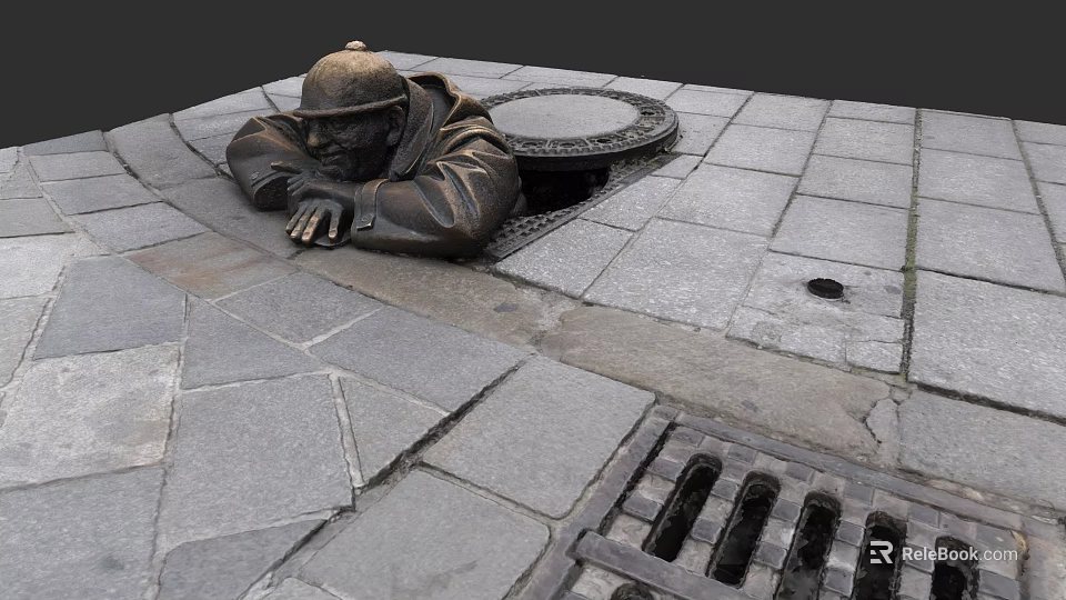 Landscape Sculpture of Man in Hard Hat Reclining on Paved Ground Near Sewer Cover 3d model 